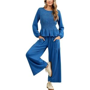 Tanming Womens 2 Piece Sets Boho Long Sleeve Smocked Top Loose Wide Leg Pants Travel Lounge Outfit Causal Suits(Blue)