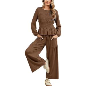 Tanming Womens 2 Piece Sets Boho Long Sleeve Smocked Top Loose Wide Leg Pants Travel Lounge Outfit Causal Suits(Brown)