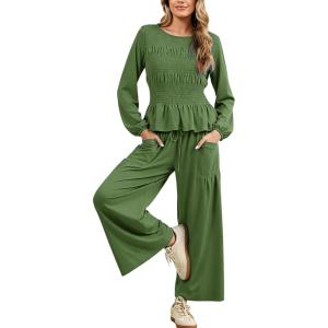 Tanming Womens 2 Piece Sets Boho Long Sleeve Smocked Top Loose Wide Leg Pants Travel Lounge Outfit Causal Suits(Green)