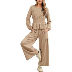 Tanming Womens 2 Piece Sets Boho Long Sleeve Smocked Top Loose Wide Leg Pants Travel Lounge Outfit Causal Suits(Khaki)