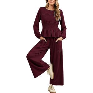 Tanming Womens 2 Piece Sets Boho Long Sleeve Smocked Top Loose Wide Leg Pants Travel Lounge Outfit Causal Suits(Wine)
