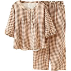 Tanming Womens 2 Set Gingham Pajama Set Half Sleeve Shirt Wide Leg Pants Y2K Cotton Matching Lounge Set Beach Outfits(Khaki)
