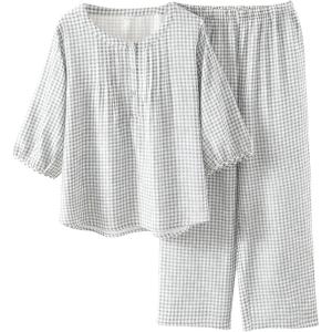 Tanming Womens 2 Set Gingham Pajama Set Half Sleeve Shirt Wide Leg Pants Y2K Cotton Matching Lounge Set Beach Outfits(Light Grey)