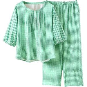 Tanming Womens 2 Set Gingham Pajama Set Half Sleeve Shirt Wide Leg Pants Y2K Cotton Matching Lounge Set Beach Outfits(Mint Green)