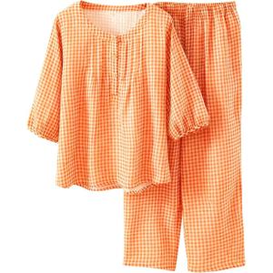 Tanming Womens 2 Set Gingham Pajama Set Half Sleeve Shirt Wide Leg Pants Y2K Cotton Matching Lounge Set Beach Outfits(Orange)
