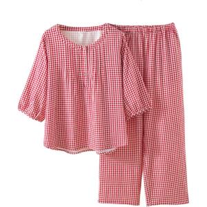 Tanming Womens 2 Set Gingham Pajama Set Half Sleeve Shirt Wide Leg Pants Y2K Cotton Matching Lounge Set Beach Outfits(Pink)