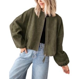 Tanming Womens Faux Suede Leather Jacket Casual Oversized Long Sleeve Zip Up Bomber Jackets Coats Outerwear(Army Green)