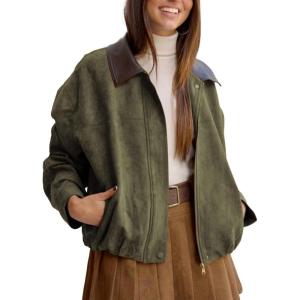 Tanming Womens Faux Suede Leather Jacket Oversized Motorcycle Zip Up Bomber Jacket Pilot Outerwear Coats(Army Green)