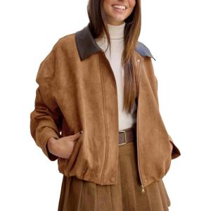 Tanming Womens Faux Suede Leather Jacket Oversized Motorcycle Zip Up Bomber Jacket Pilot Outerwear Coats(Brown)