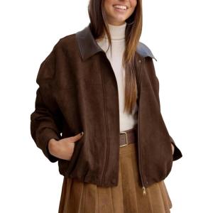 Tanming Womens Faux Suede Leather Jacket Oversized Motorcycle Zip Up Bomber Jacket Pilot Outerwear Coats(Coffee)