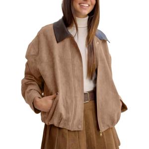 Tanming Womens Faux Suede Leather Jacket Oversized Motorcycle Zip Up Bomber Jacket Pilot Outerwear Coats(Khaki)