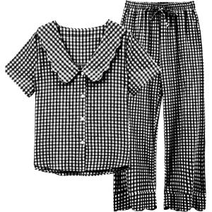 Tanming Womens Gingham 2 Piece Pajamas Sets Puff Sleeve Babydoll Shirt Ruffle Pants Pj Lounge Set Sleepwear(Black)
