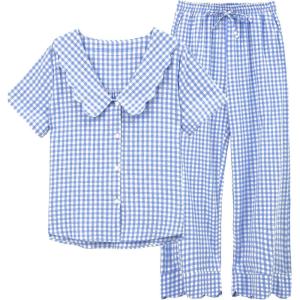 Tanming Womens Gingham 2 Piece Pajamas Sets Puff Sleeve Babydoll Shirt Ruffle Pants Pj Lounge Set Sleepwear(Blue)