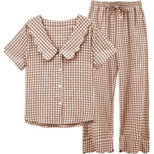 Tanming Womens Gingham 2 Piece Pajamas Sets Puff Sleeve Babydoll Shirt Ruffle Pants Pj Lounge Set Sleepwear(Brown)