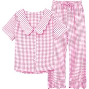 Tanming Womens Gingham 2 Piece Pajamas Sets Puff Sleeve Babydoll Shirt Ruffle Pants Pj Lounge Set Sleepwear(Pink)