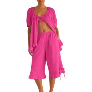 Tanming Womens Pajama Sets 2 Piece Gingham Pjs Sets Short Sleeve Top Casual Capri Pants Ruffle Loungewear(Hot Pink)