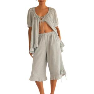 Tanming Womens Pajama Sets 2 Piece Gingham Pjs Sets Short Sleeve Top Casual Capri Pants Ruffle Loungewear(Light Blue)