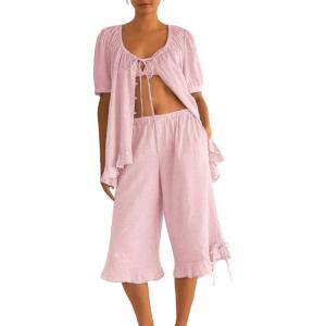 Tanming Womens Pajama Sets 2 Piece Gingham Pjs Sets Short Sleeve Top Casual Capri Pants Ruffle Loungewear(Pink)