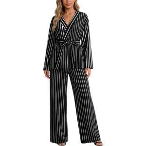 Tanming Womens Pajama Sets Wrap Belted Tops Wide Leg Pants Cute Pjs Striped 2 Piece Lounge Set(Black)