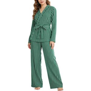 Tanming Womens Pajama Sets Wrap Belted Tops Wide Leg Pants Cute Pjs Striped 2 Piece Lounge Set(Green)