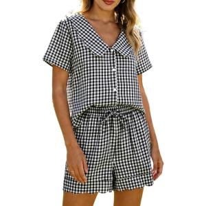 Tanming Womens Plaid 2 Piece Pajamas Sets Short Sleeve Babydoll Shirt Shorts Gingham Summer Outfits Y2K Lounge Set(Black)