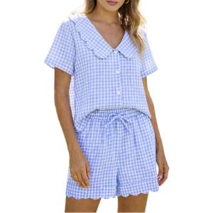 Tanming Womens Plaid 2 Piece Pajamas Sets Short Sleeve Babydoll Shirt Shorts Gingham Summer Outfits Y2K Lounge Set(Blue)