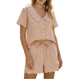 Tanming Womens Plaid 2 Piece Pajamas Sets Short Sleeve Babydoll Shirt Shorts Gingham Summer Outfits Y2K Lounge Set(Brown)