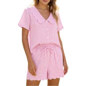 Tanming Womens Plaid 2 Piece Pajamas Sets Short Sleeve Babydoll Shirt Shorts Gingham Summer Outfits Y2K Lounge Set(Pink)