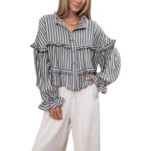 Tanming Womens Striped Button Down Shirts Ruffled Long Sleeve Stand Collar Shirt Dressy Casual Blouse Tops(Black)