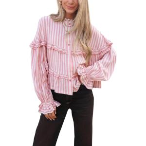 Tanming Womens Striped Button Down Shirts Ruffled Long Sleeve Stand Collar Shirt Dressy Casual Blouse Tops(Pink)
