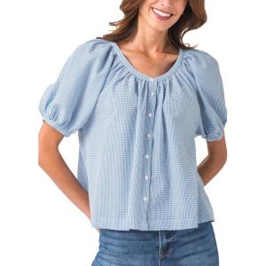 Tanming Womens Summer Plaid Button Down Shirts Short Puff Sleeve Cotton Crew Neck Gingham Blouses Tops(Blue)