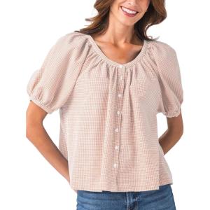 Tanming Womens Summer Plaid Button Down Shirts Short Puff Sleeve Cotton Crew Neck Gingham Blouses Tops(Orange)