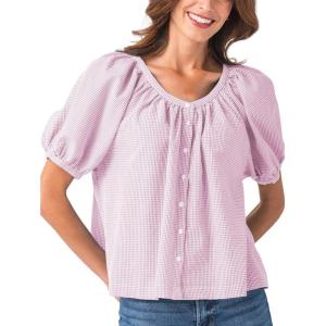Tanming Womens Summer Plaid Button Down Shirts Short Puff Sleeve Cotton Crew Neck Gingham Blouses Tops(Pink)