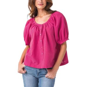 Tanming Womens Summer Plaid Button Down Shirts Short Puff Sleeve Cotton Crew Neck Gingham Blouses Tops(Rose Red)