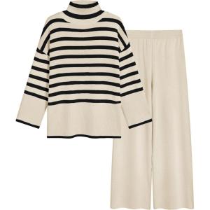 Tanming Women’s Sweater Sets Long Sleeve Striped Jumper Tops Casual Knit Wide Leg Pants Sets(Beige)