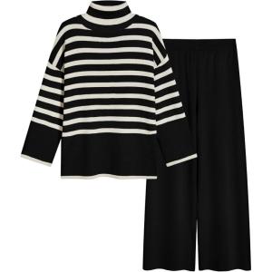Tanming Women’s Sweater Sets Long Sleeve Striped Jumper Tops Casual Knit Wide Leg Pants Sets(Black)