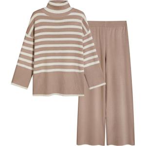 Tanming Women’s Sweater Sets Long Sleeve Striped Jumper Tops Casual Knit Wide Leg Pants Sets(Khaki)