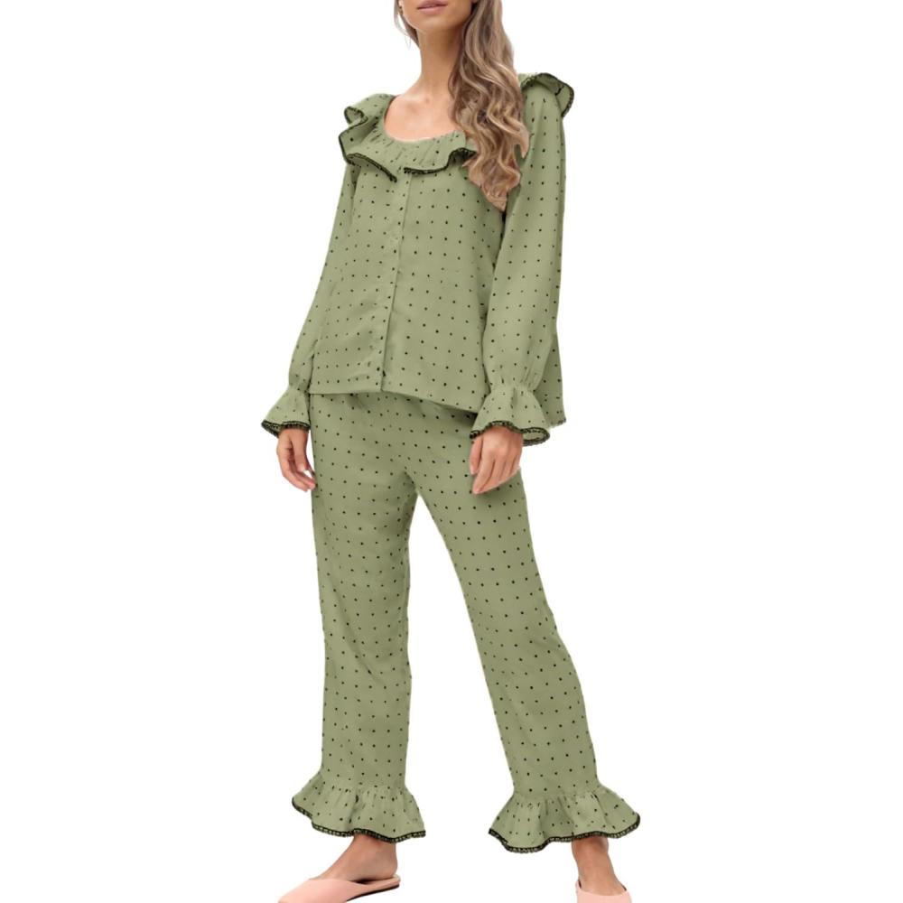 imageTanming Pajamas for Women Set Polka Dot Set Ruffled Collar Top Elastic Waist Pants Casual Pajama Set Two Piece SleepwearGreen