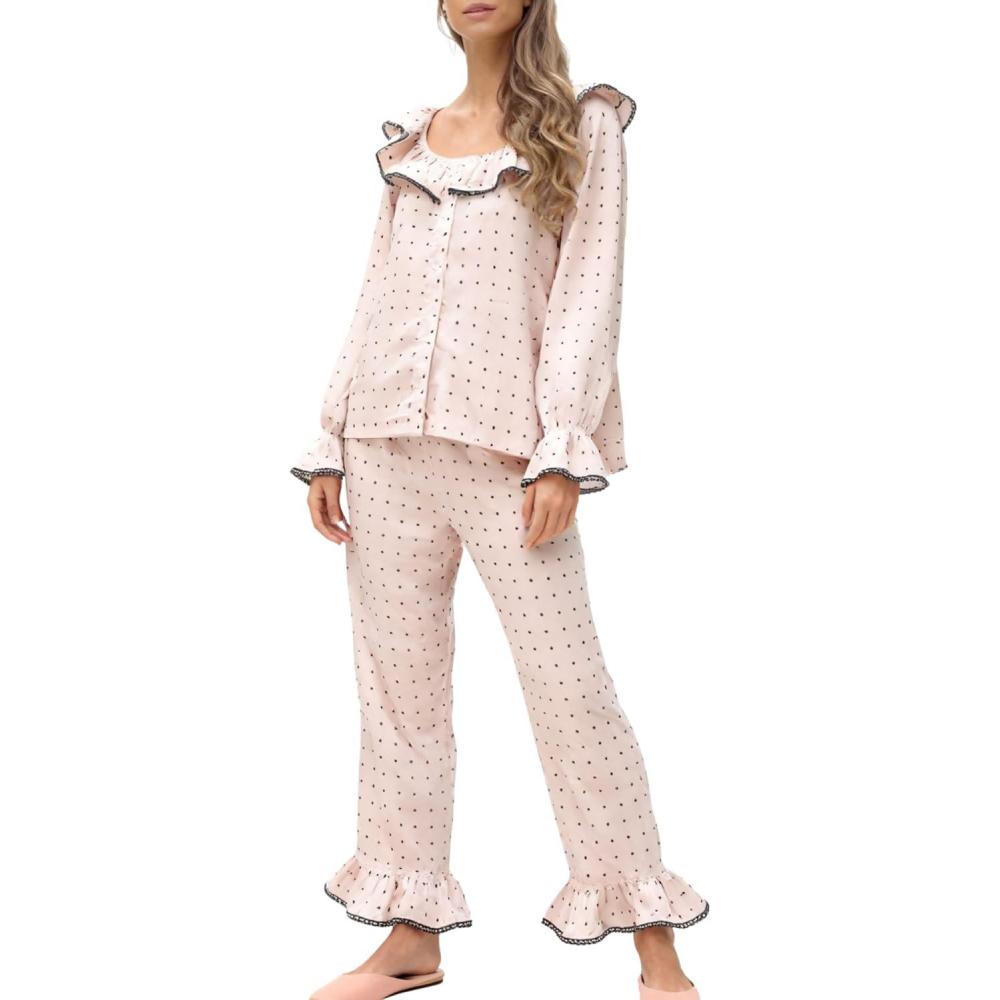 imageTanming Pajamas for Women Set Polka Dot Set Ruffled Collar Top Elastic Waist Pants Casual Pajama Set Two Piece SleepwearPink