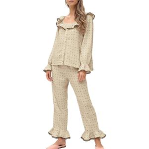 Tanming Pajamas for Women Set Polka Dot Set Ruffled Collar Top Elastic Waist Pants Casual Pajama Set Two Piece Sleepwear(Apricot)