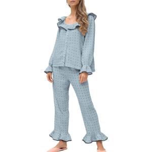 Tanming Pajamas for Women Set Polka Dot Set Ruffled Collar Top Elastic Waist Pants Casual Pajama Set Two Piece Sleepwear(Blue)