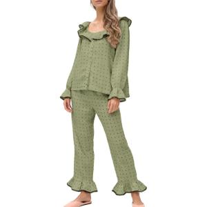 Tanming Pajamas for Women Set Polka Dot Set Ruffled Collar Top Elastic Waist Pants Casual Pajama Set Two Piece Sleepwear(Green)