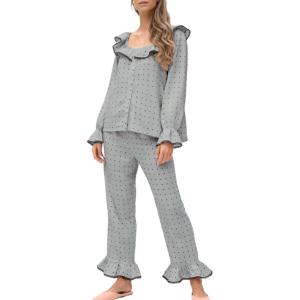 Tanming Pajamas for Women Set Polka Dot Set Ruffled Collar Top Elastic Waist Pants Casual Pajama Set Two Piece Sleepwear(Grey)