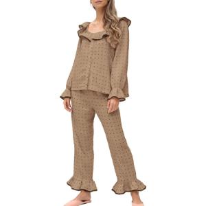 Tanming Pajamas for Women Set Polka Dot Set Ruffled Collar Top Elastic Waist Pants Casual Pajama Set Two Piece Sleepwear(Khaki)