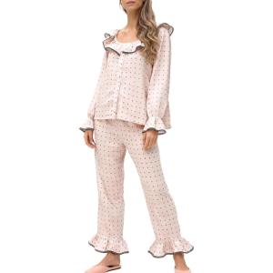 Tanming Pajamas for Women Set Polka Dot Set Ruffled Collar Top Elastic Waist Pants Casual Pajama Set Two Piece Sleepwear(Pink)