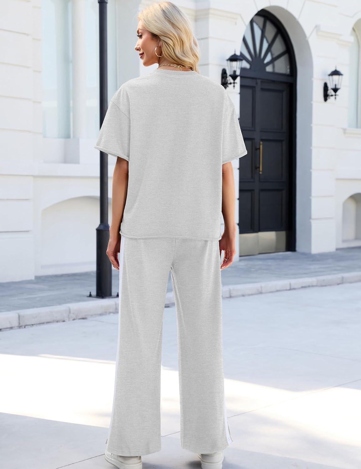 imageTanming Two Piece Sets for Women Travel Vacation Outfits Lounge Sets Short Sleeve Tops Striped Wide Leg Pants TracksuitsLight Grey