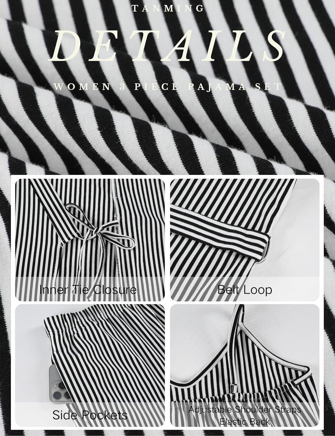 imageTanming Womens Pjs Sets 3 Piece Lounge Sets Striped Wrap Top Camisole Wide Leg Pants Cute Soft Pajama SetBlack
