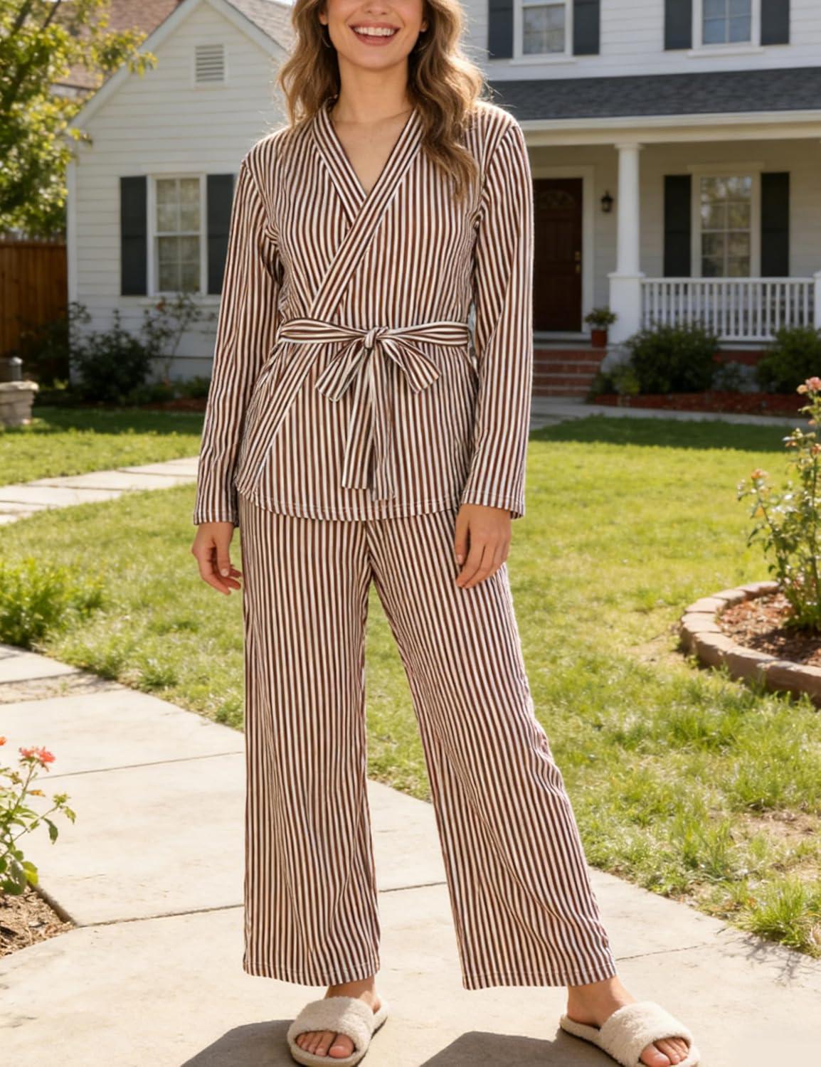 imageTanming Womens Pjs Sets 3 Piece Lounge Sets Striped Wrap Top Camisole Wide Leg Pants Cute Soft Pajama SetBrown