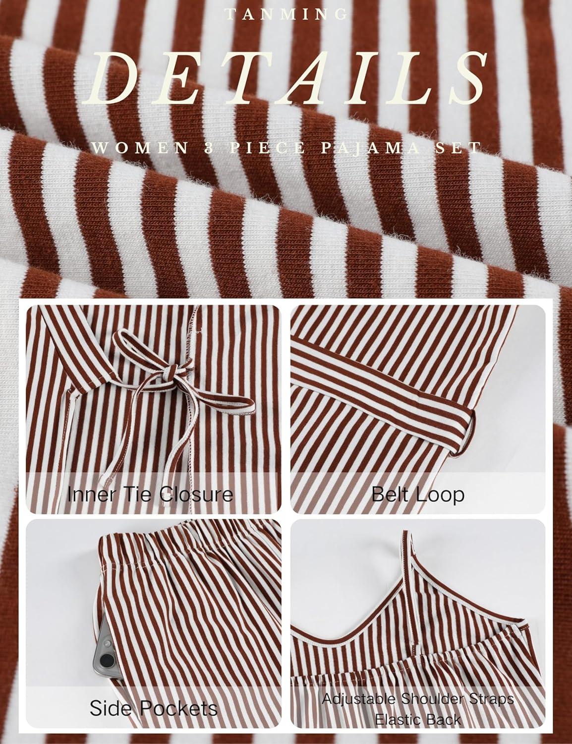 imageTanming Womens Pjs Sets 3 Piece Lounge Sets Striped Wrap Top Camisole Wide Leg Pants Cute Soft Pajama SetBrown