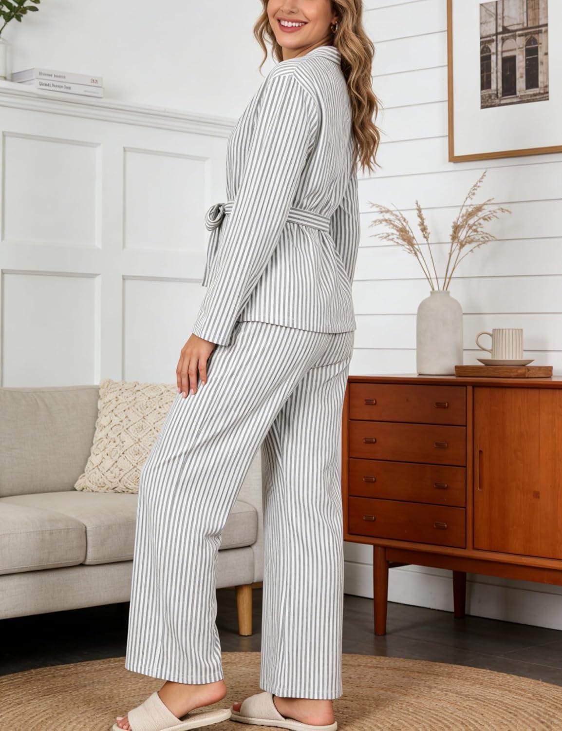 imageTanming Womens Pjs Sets 3 Piece Lounge Sets Striped Wrap Top Camisole Wide Leg Pants Cute Soft Pajama SetLightgrey